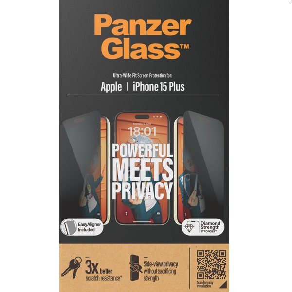 Ochranné sklo PanzerGlass UWF Privacy s aplikátorom pre Apple iPhone 15 Plus, čierna