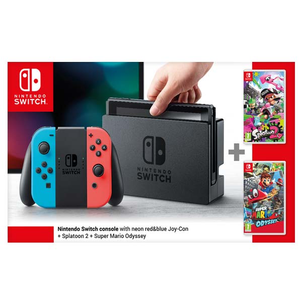 Nintendo Switch, neon + Splatoon 2 + Super Mario Odyssey