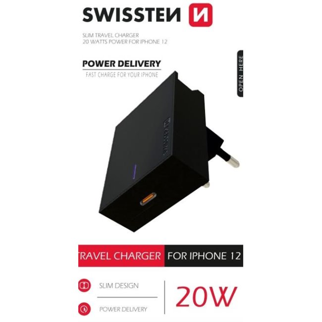 Rýchlonabíjačka Swissten Power Delivery 20 W s 1x USB-C pre iPhone 12, čierna