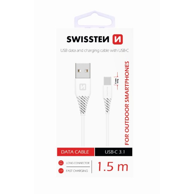 Dátový kábel Swissten s pčervenýĺženým USB-C konektorom pre odolné telefóny, biely