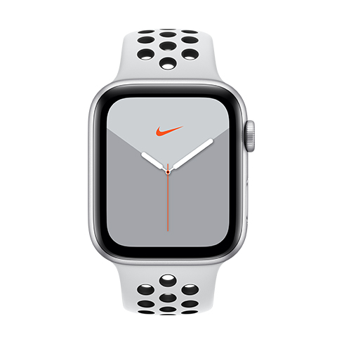 Apple Watch Nike Series 5 GPS, 44mm strieborná Aluminium Case with Pure Platinum/čierna Nike Sport Band - S/M & M/L