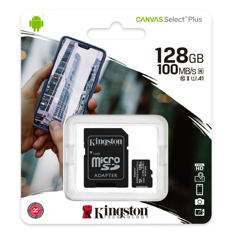 Kingston Canvas SeIect Plus Micro SDXC 128 GB , SD adaptér, UHS-I A1, Class 10 - rýchlosť 100 MB/s