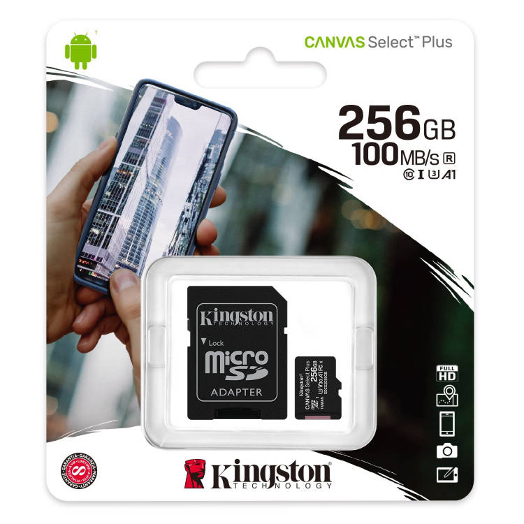 Kingston Canvas SeIect Plus Micro SDXC 256 GB , SD adaptér, UHS-I A1, Class 10 - rýchlosť 100/85 MB/s