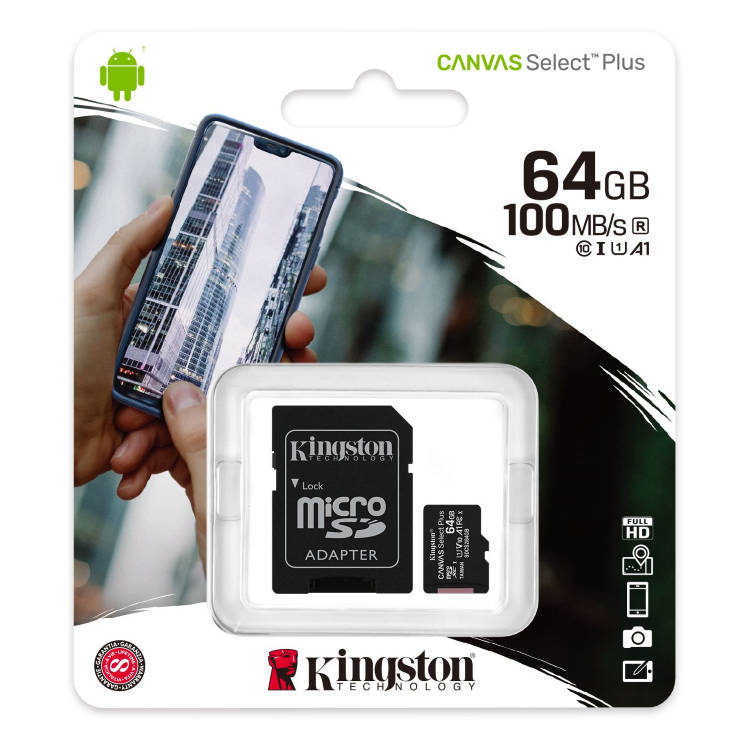 Kingston Canvas SeIect Plus Micro SDXC 64 GB , SD adaptér, UHS-I A1, Class 10 - rýchlosť 100 MB/s