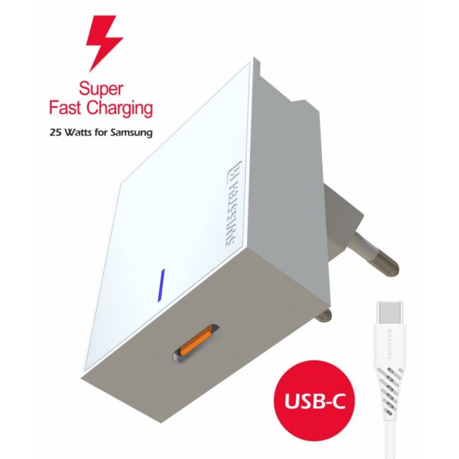 Rýchlonabíjačka Swissten Samsung Super Fast Charging 25 W a kábel USB-C/USB-C 1,2 m, biela